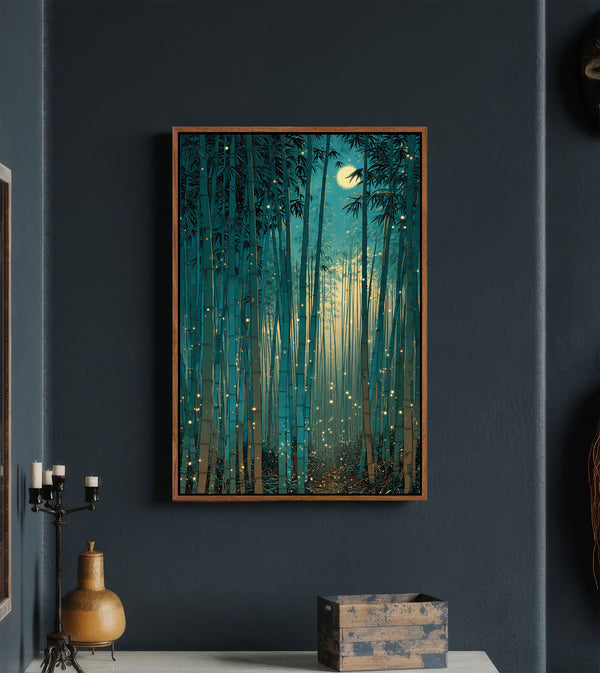 Pecan framed digital art print of a dense bamboo forest at night with a large glowing full moon and scattered golden fireflies, hung on a dark blue wall