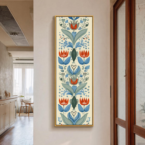 Vertical canvas wall art in interior setting.