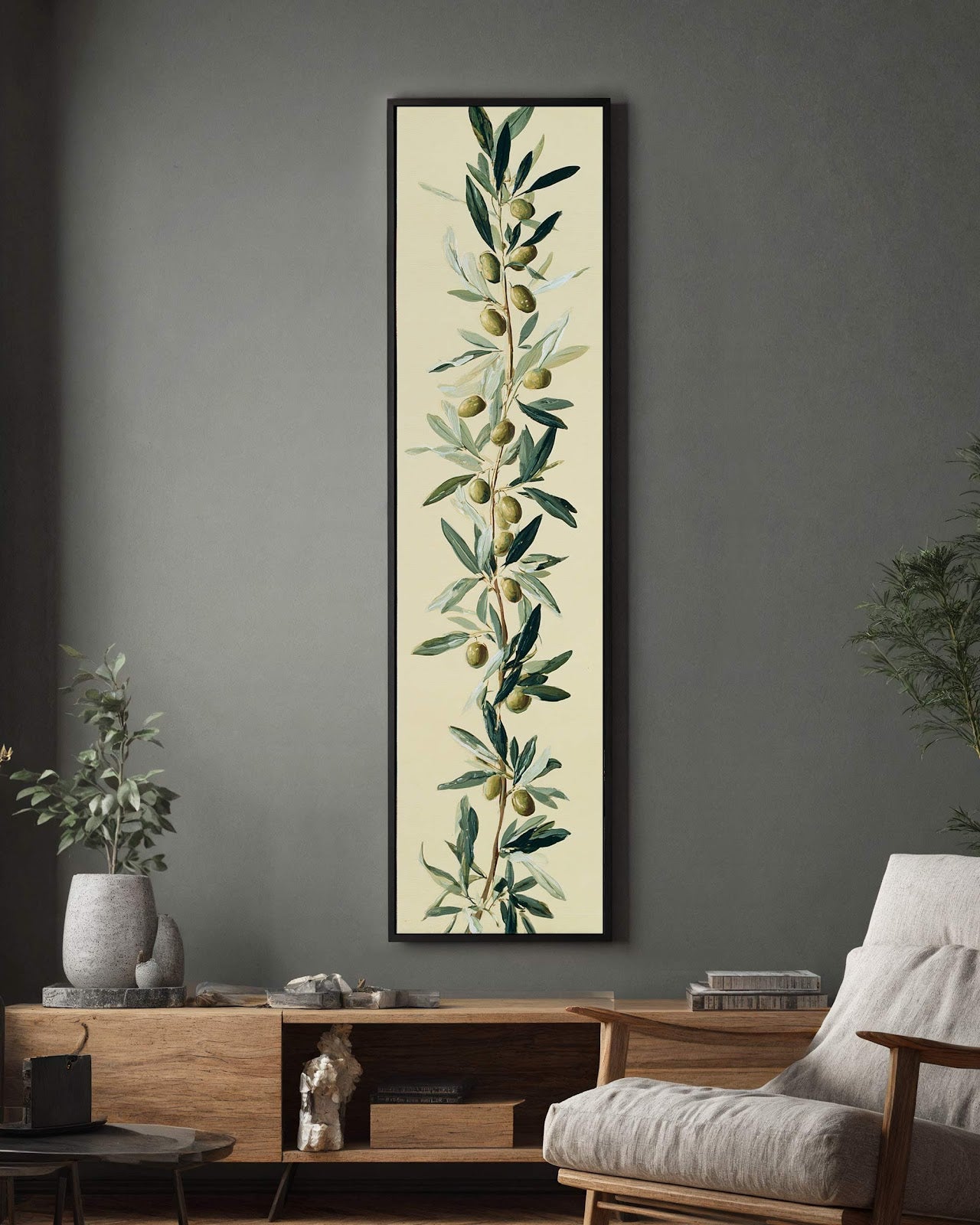Vertical canvas wall art in interior setting.