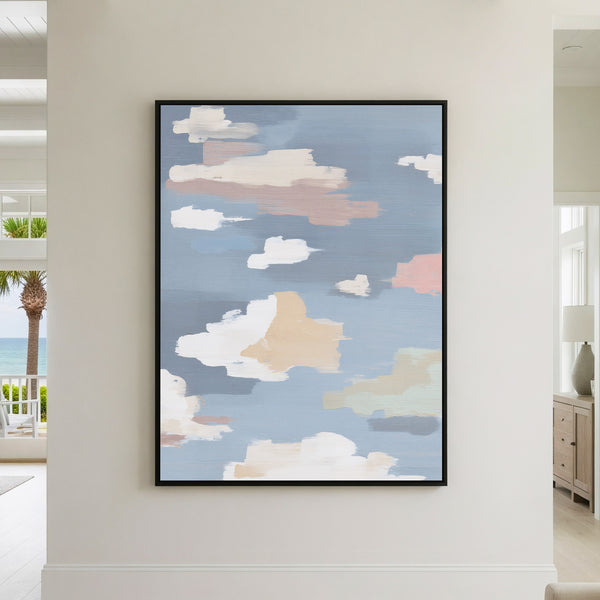 Contemporary abstract cloud painting with bold brushstrokes in gray-blue, dusty pink, and sage green, featuring expressive paint textures perfect for modern wall decor