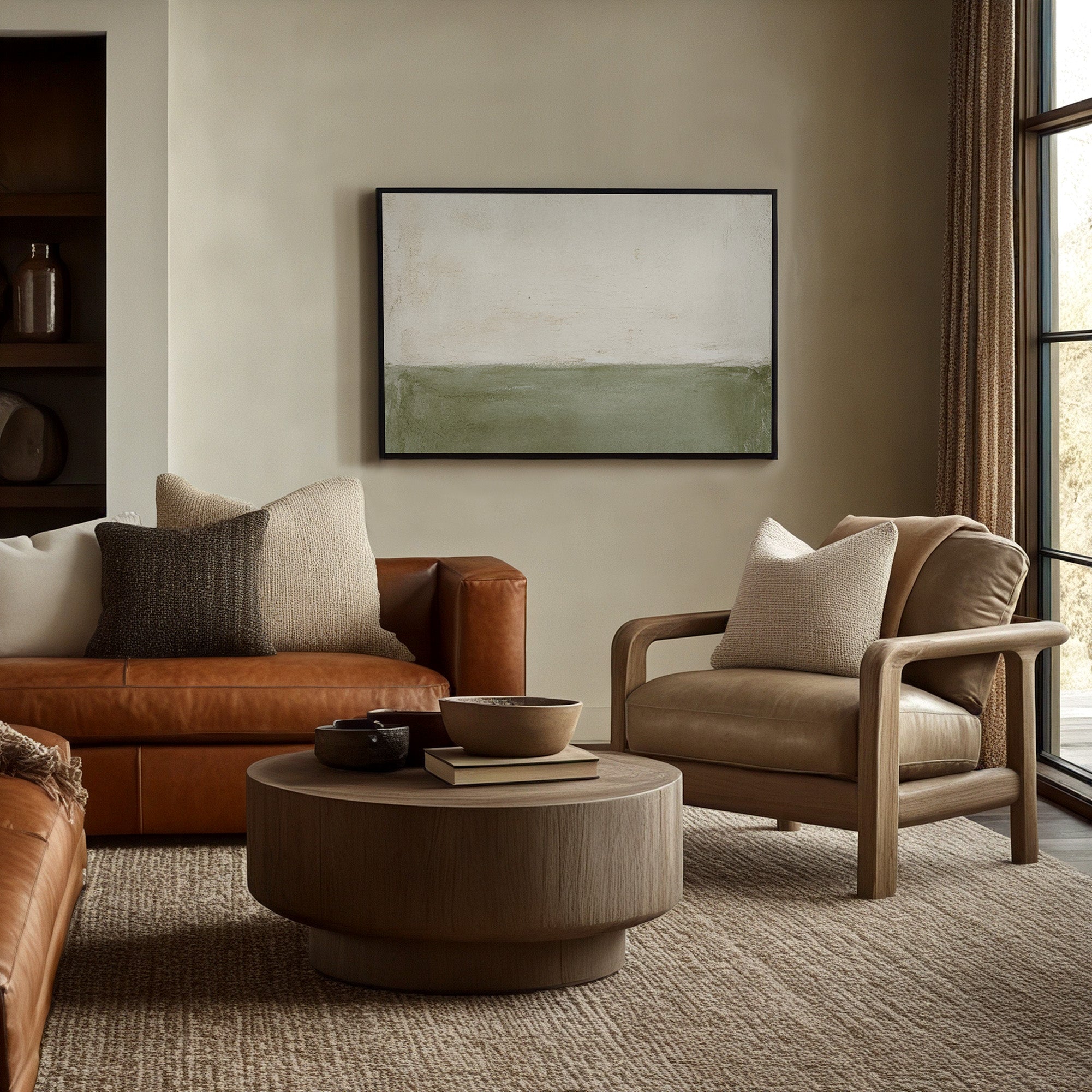 Earthy Minimalist Abstract Canvas Print above Sofa — Sage Green and Beige Neutral Wall Art in Modern Living Room | Uplift Fine Art