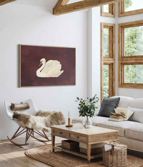 Tableau mural vintage cygne bordeaux