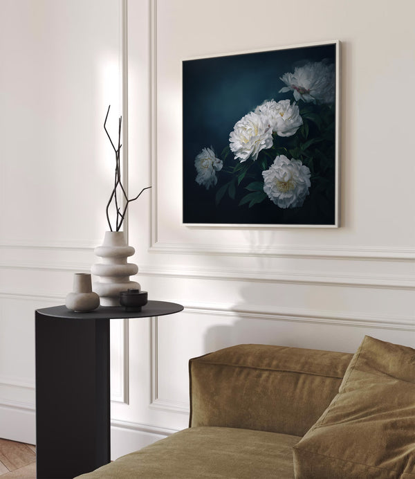 White Peony Moody Wall Art Print