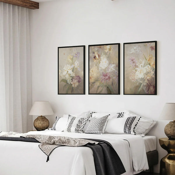 Soft Floral Triptych Canvas Wall Art Print