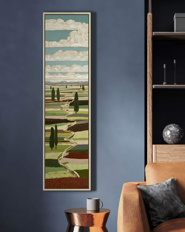 Vertical canvas wall art in interior setting.