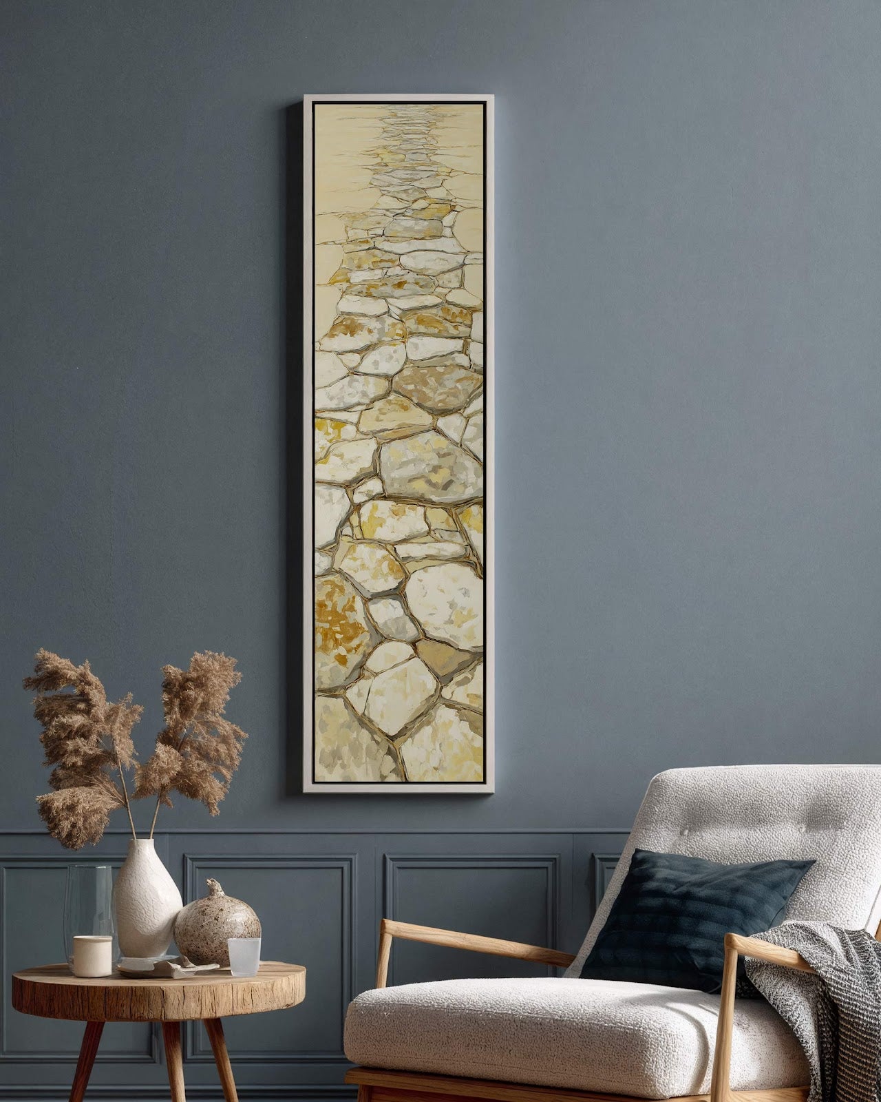 Vertical canvas wall art in interior setting.