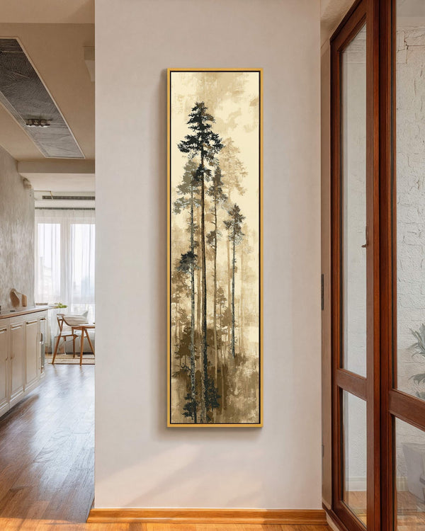 Vertical canvas wall art in interior setting.