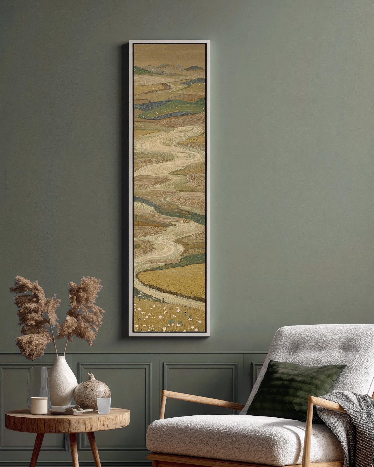 Vertical canvas wall art in interior setting.