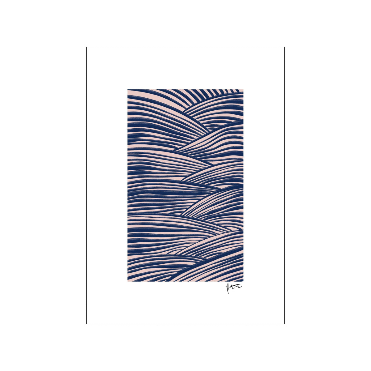 Abstract print with layered navy curved lines over a blush pink background