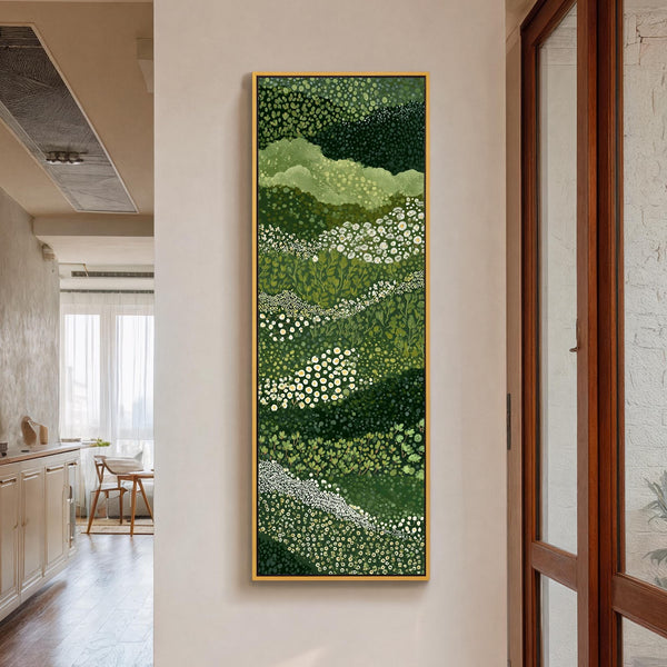Vertical canvas wall art in interior setting.