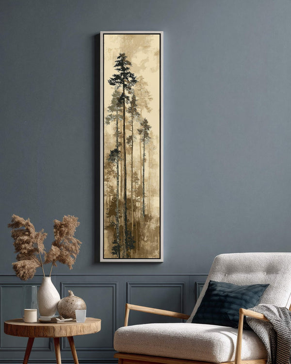 Vertical canvas wall art in interior setting.