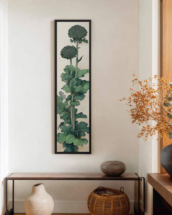 Vertical canvas wall art in interior setting.