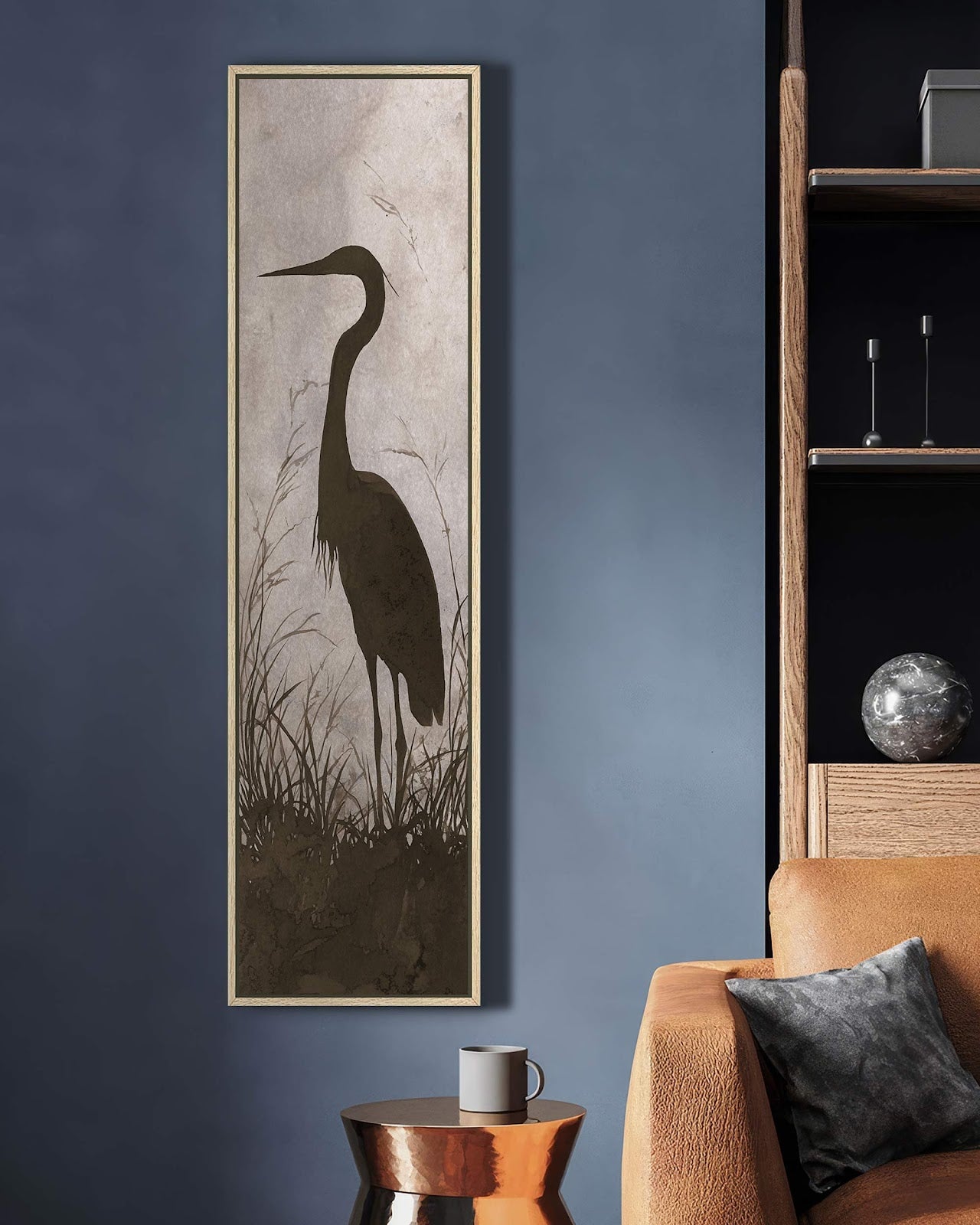 Vertical canvas wall art in interior setting.