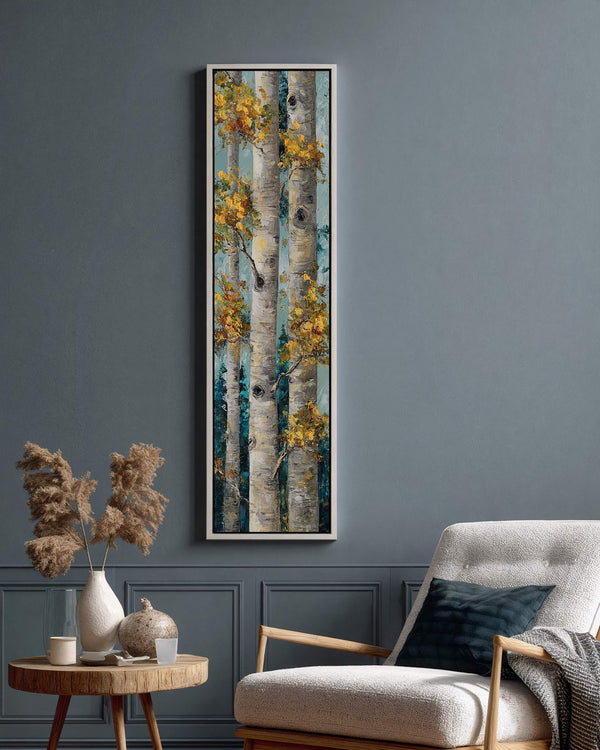 Vertical canvas wall art in interior setting.