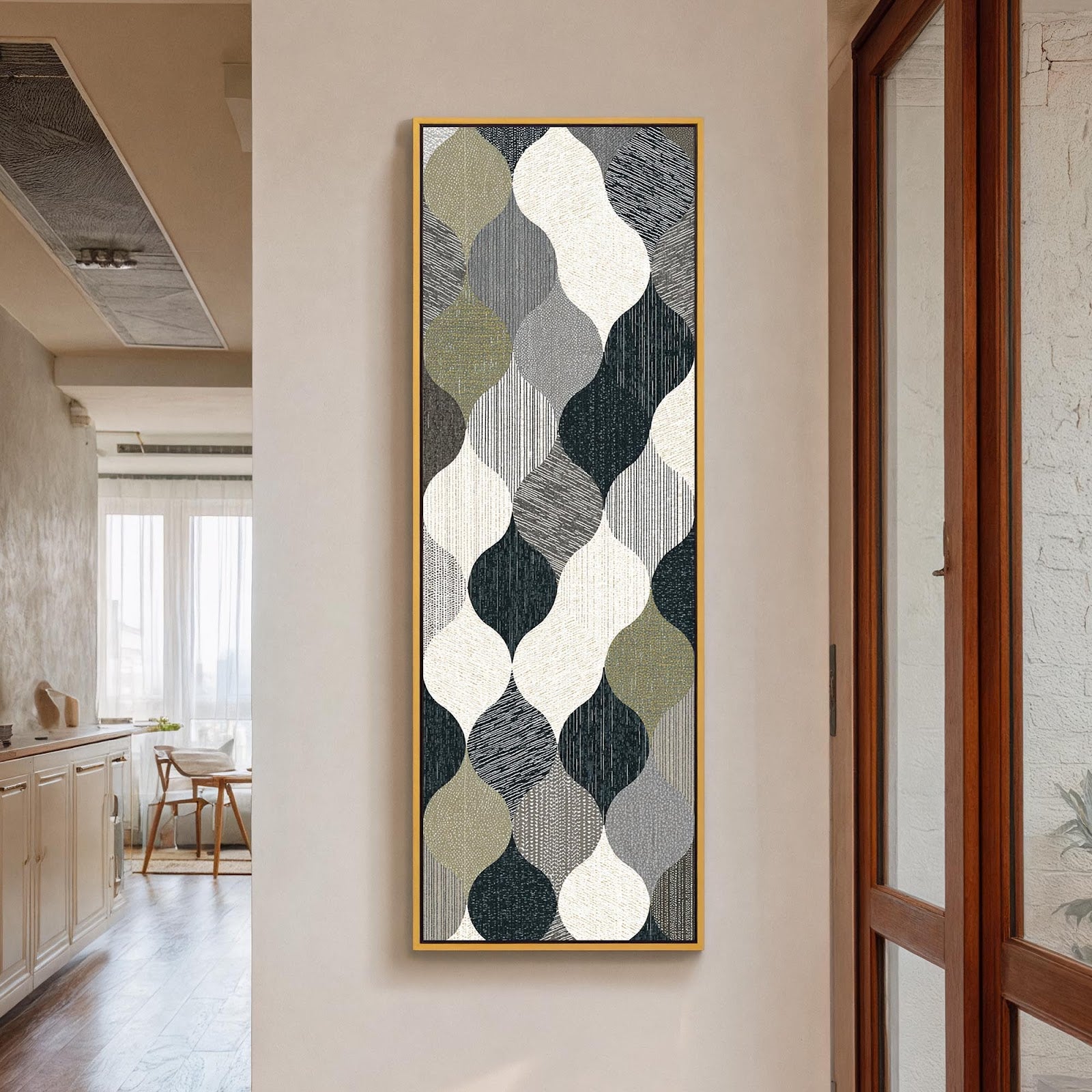 Vertical canvas wall art in interior setting.