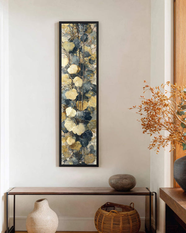 Vertical canvas wall art in interior setting.