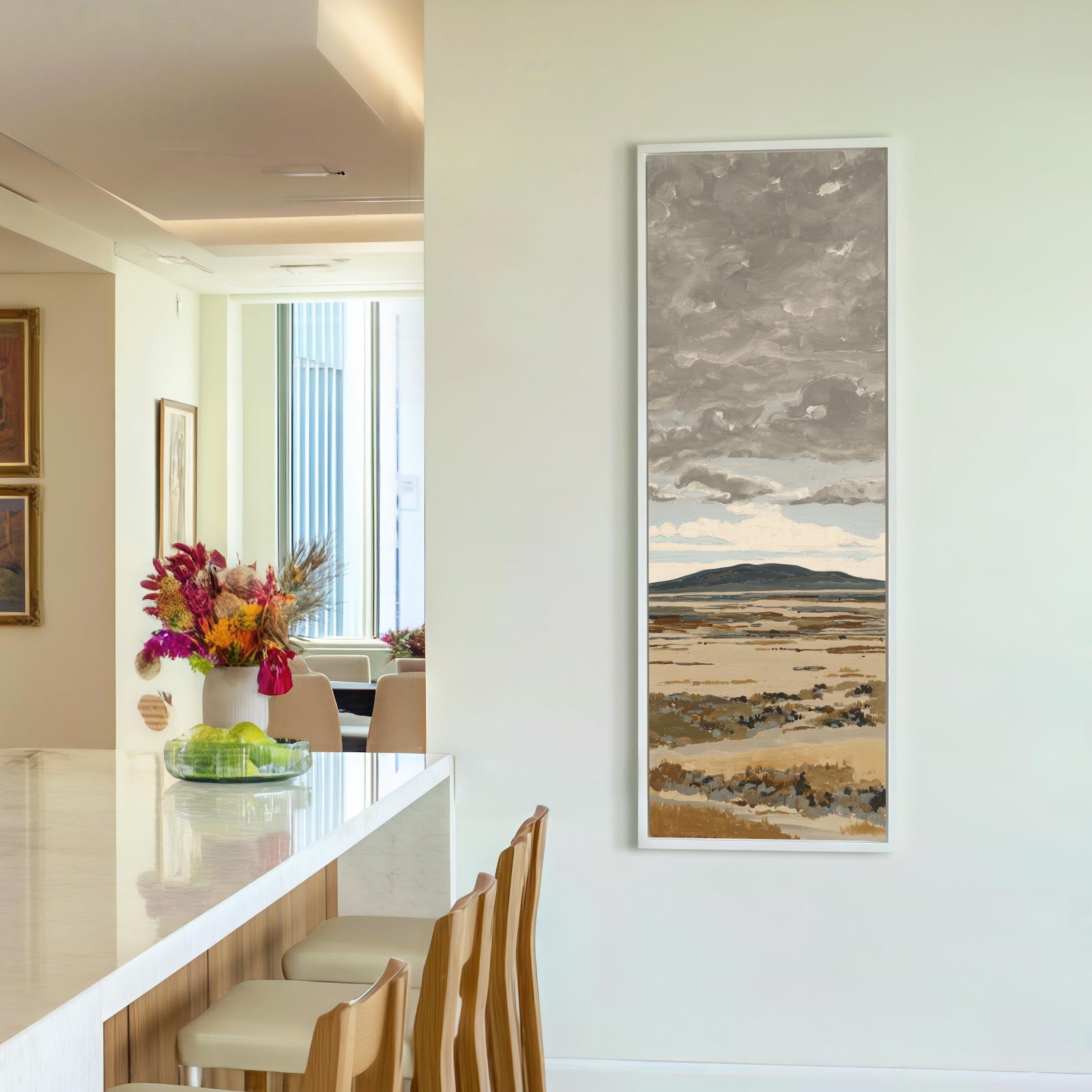 Vertical canvas wall art in interior setting.
