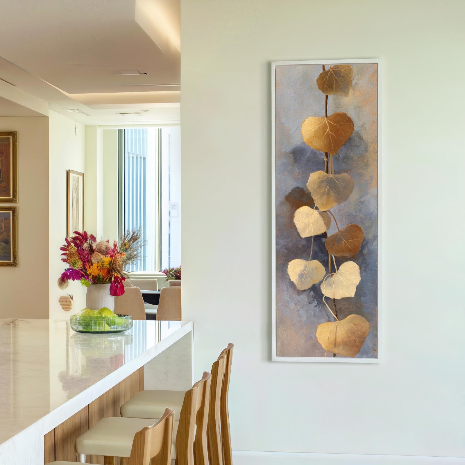 Vertical canvas wall art in interior setting.