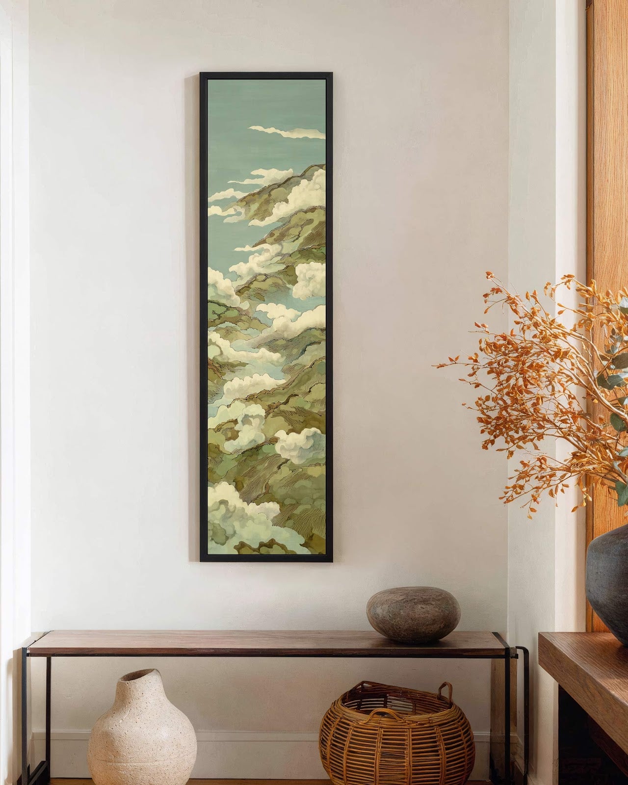 Vertical canvas wall art in interior setting.