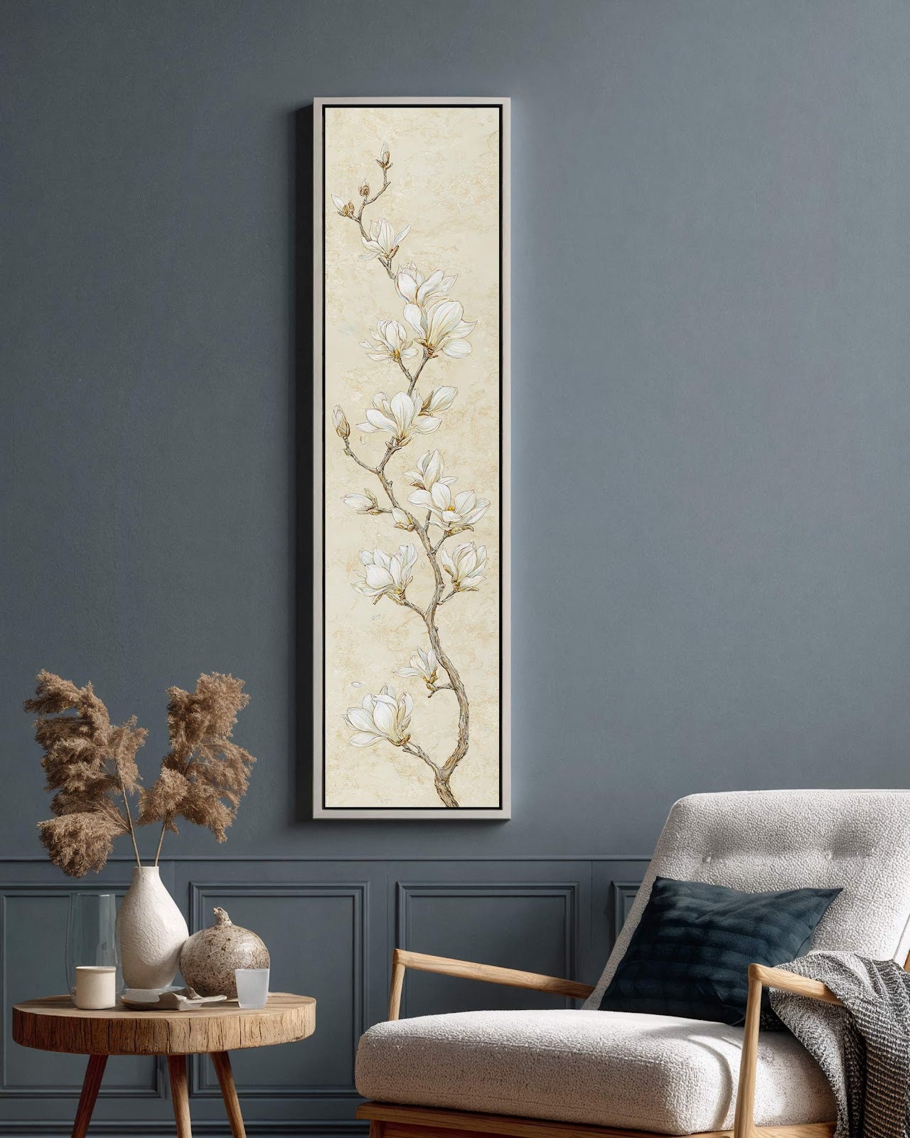 Vertical canvas wall art in interior setting.