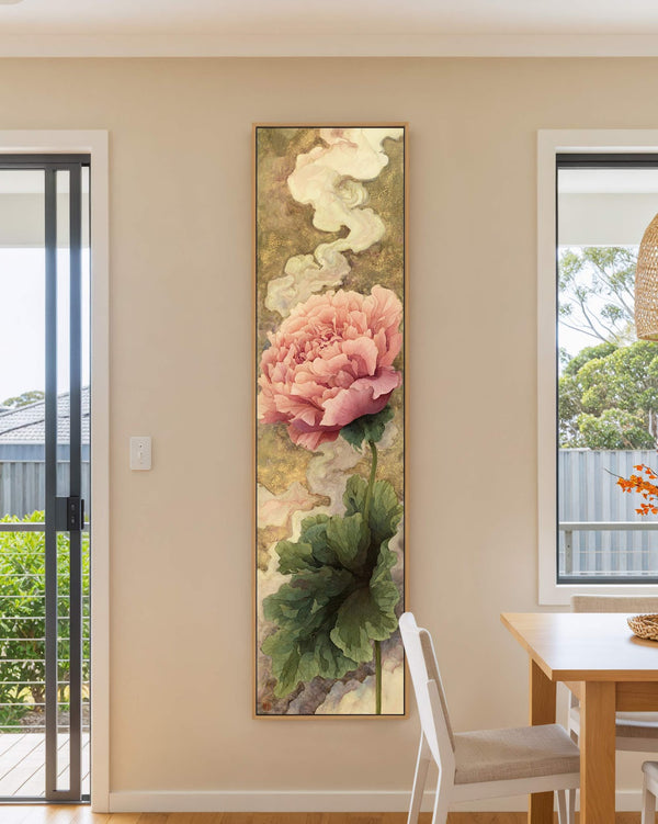 Vertical canvas wall art in interior setting.