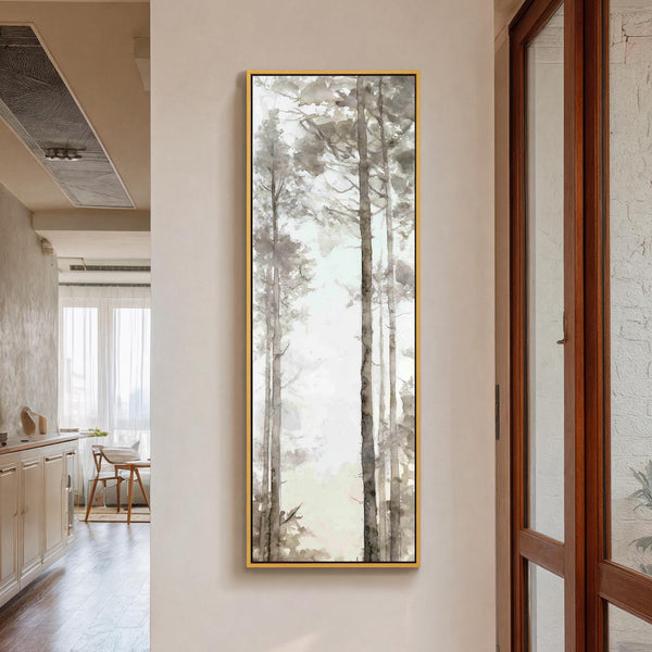 Vertical canvas wall art in interior setting.