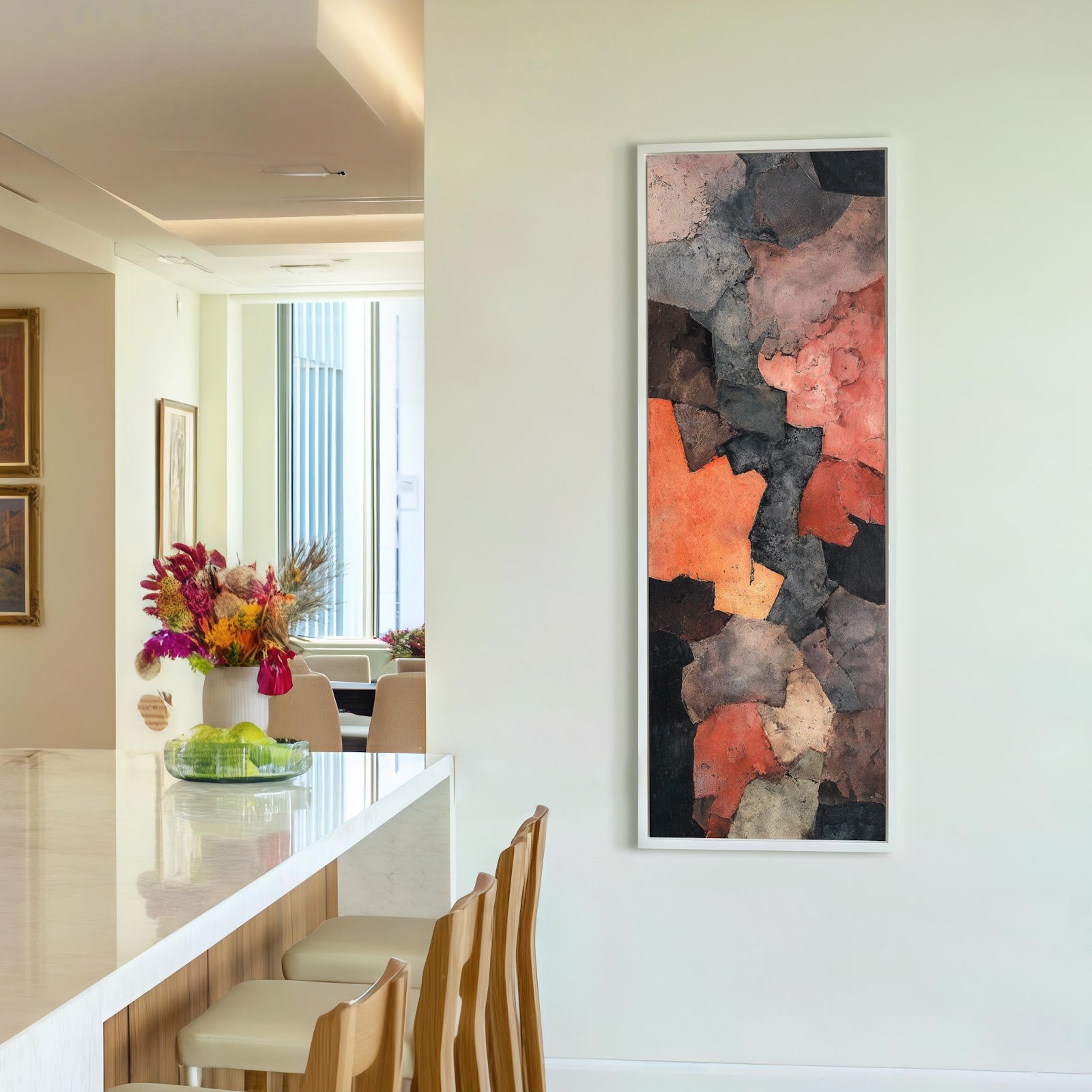 Vertical canvas wall art in interior setting.
