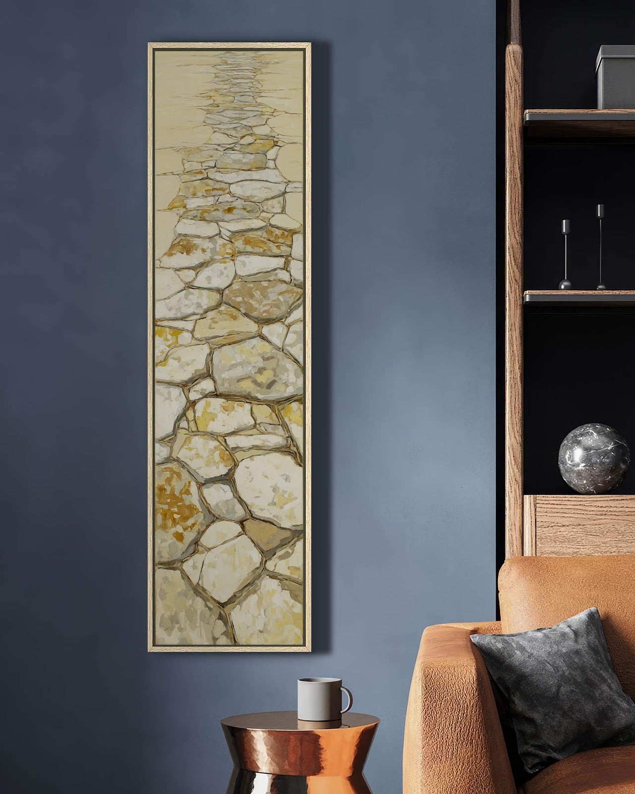 Vertical canvas wall art in interior setting.