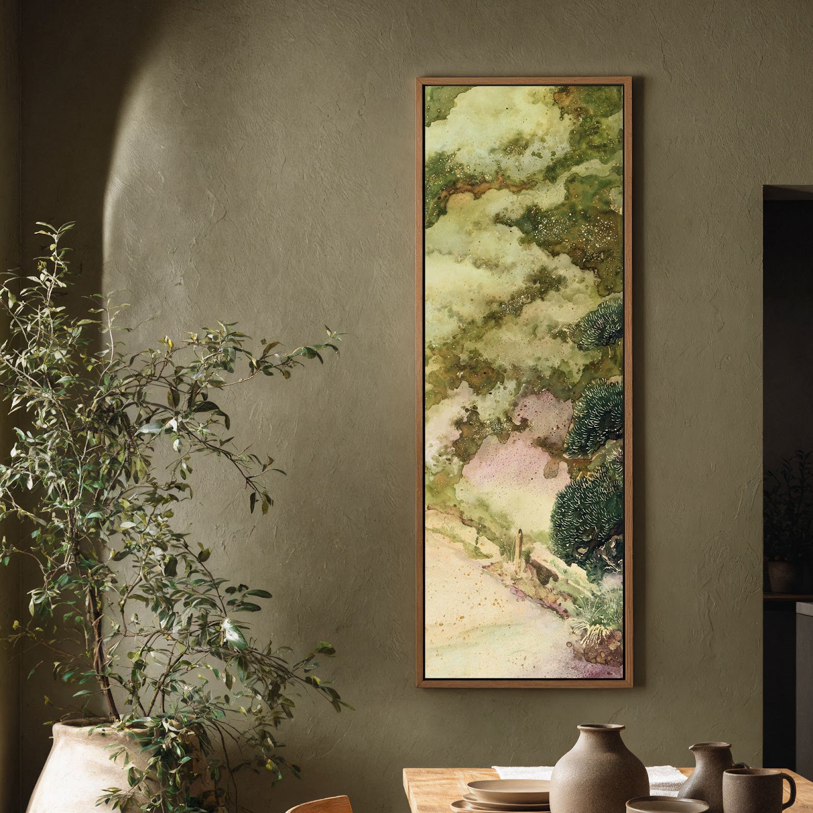 Vertical canvas wall art in interior setting.