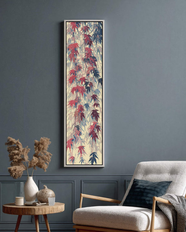 Vertical canvas wall art in interior setting.