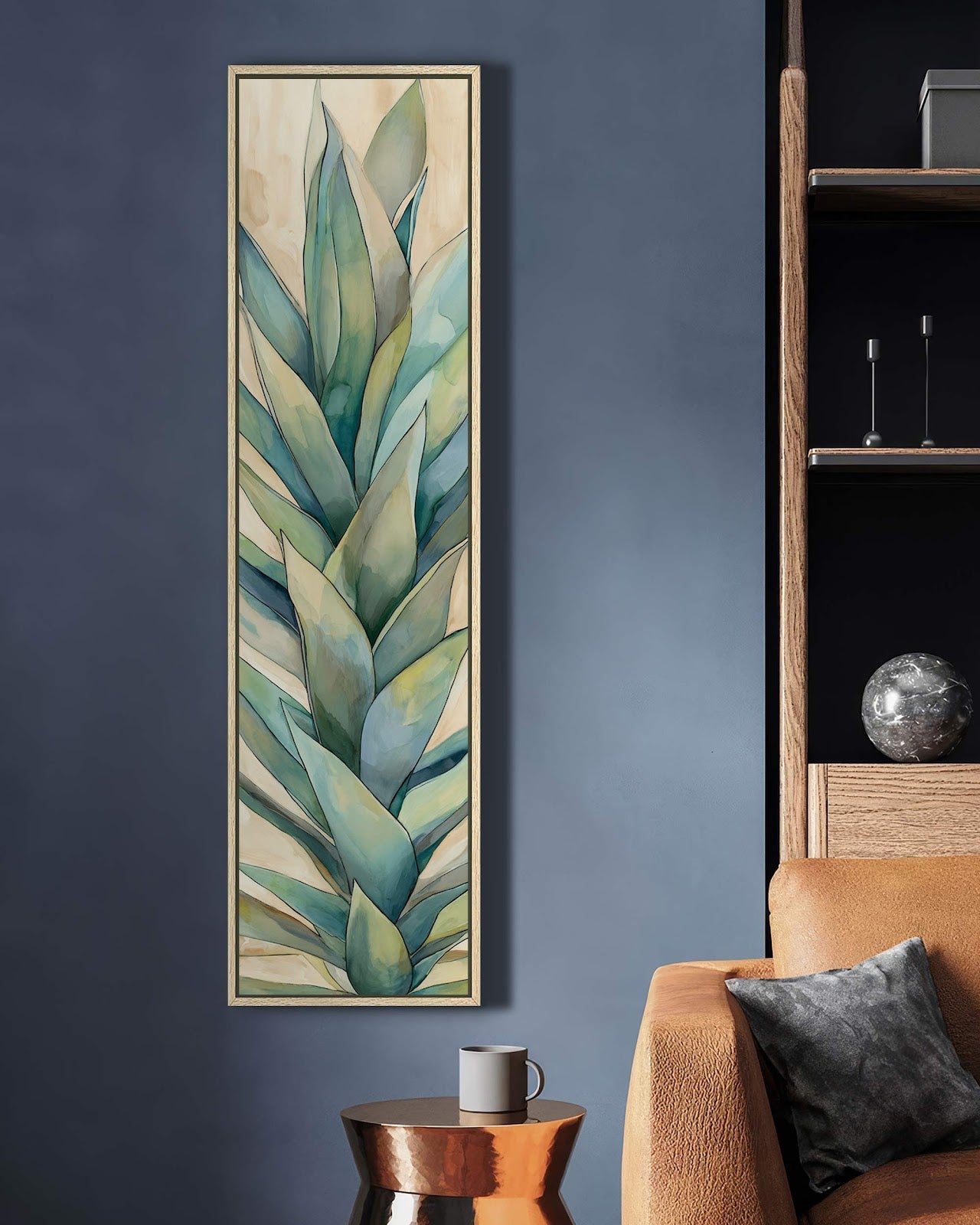 Vertical canvas wall art in interior setting.