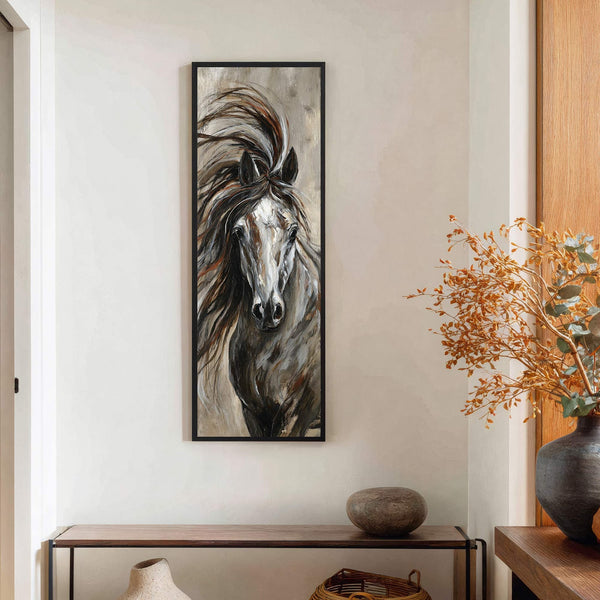 A vertical canvas wall art print showcases a loose, painterly depiction of a horse's head with a flowing mane, rendered in a muted brown, grey, and white palette, framed in.