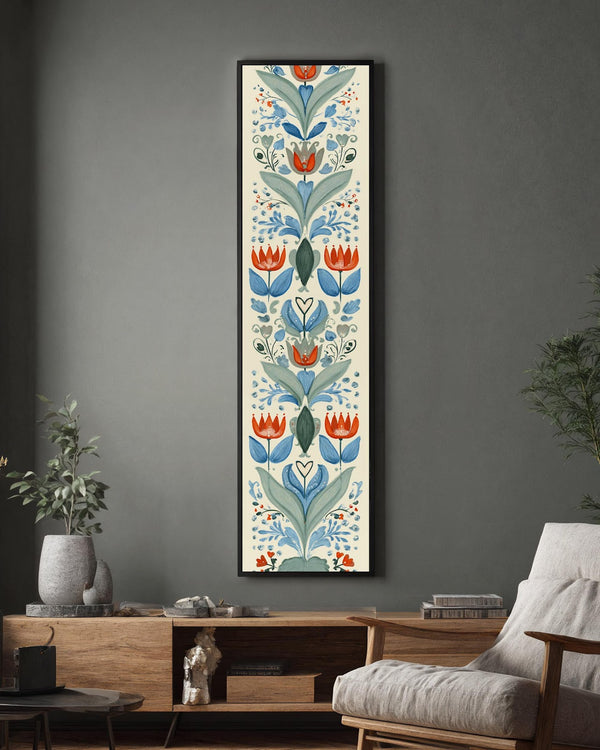 Vertical canvas wall art in interior setting.