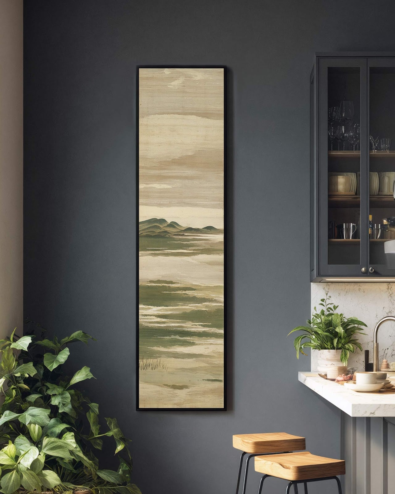 Vertical canvas wall art in interior setting.