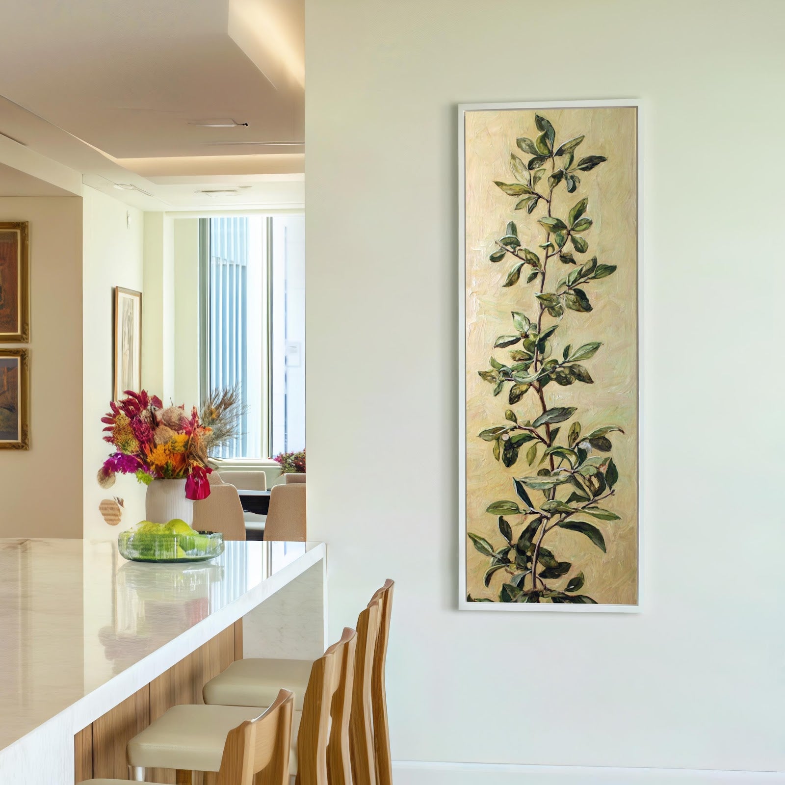 Vertical canvas wall art in interior setting.