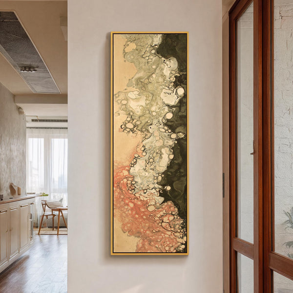 Vertical canvas wall art in interior setting.