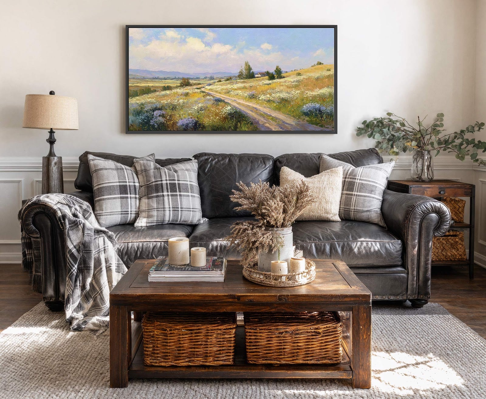 This horizontal canvas wall art depicts a scenic countryside path winding through fields of wildflowers under a bright, cloudy sky. The impressionist style painting features a warm palette of greens.