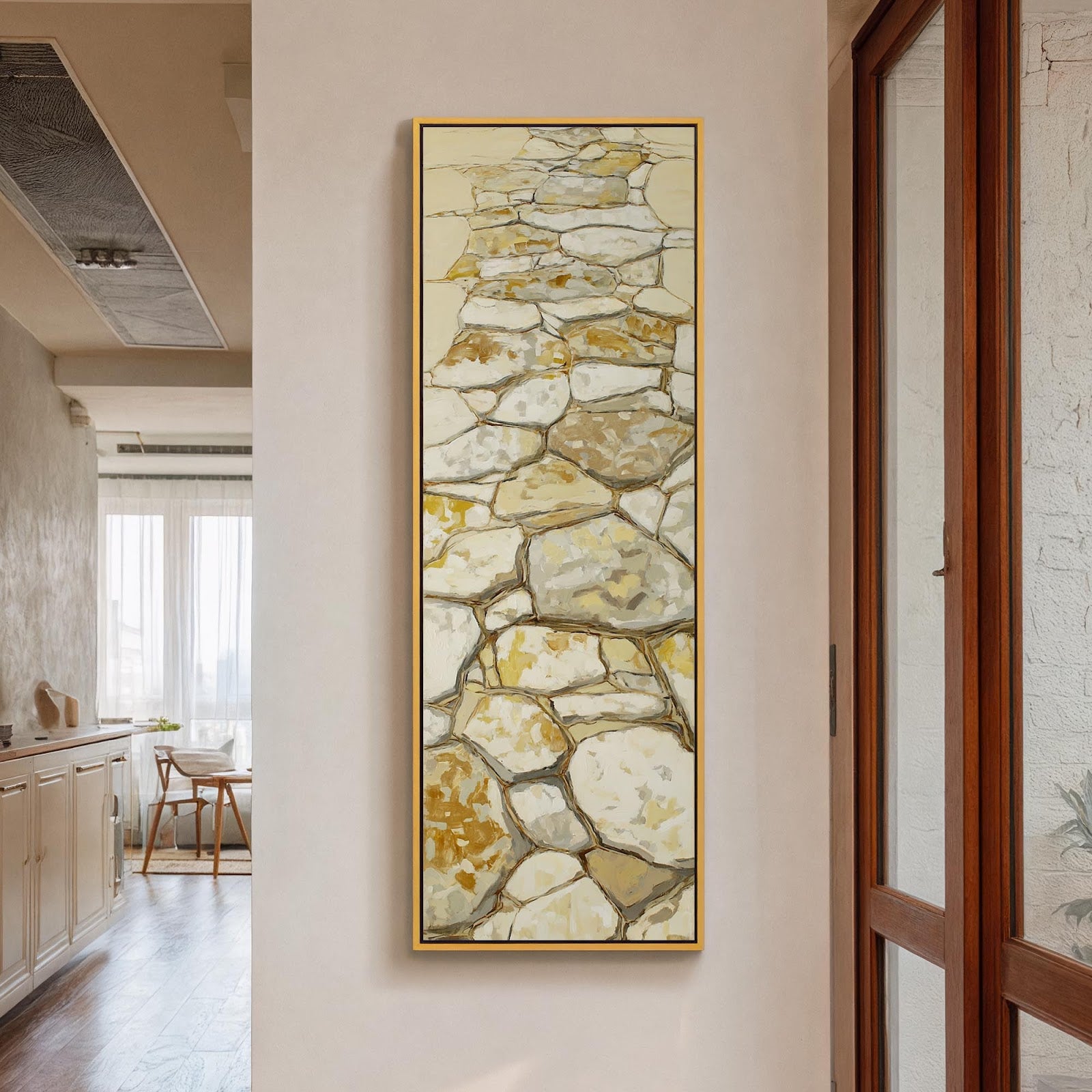 Vertical canvas wall art in interior setting.