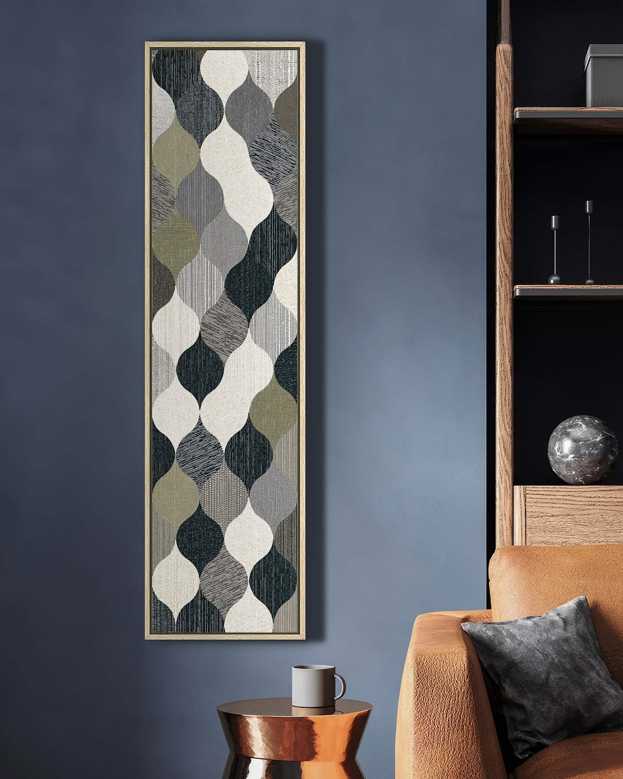 Vertical canvas wall art in interior setting.