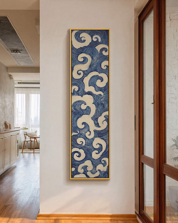 Vertical canvas wall art in interior setting.