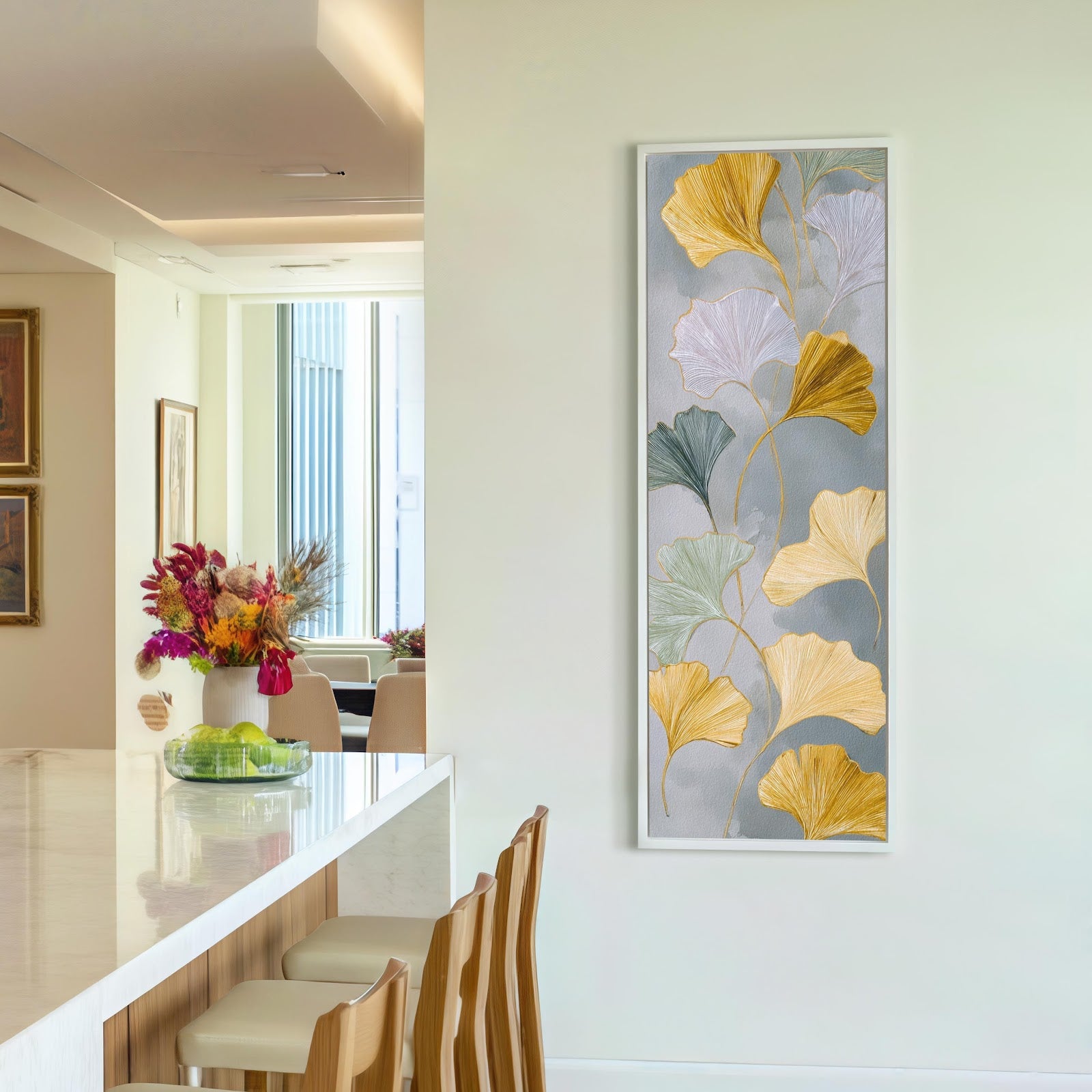Vertical canvas wall art in interior setting.