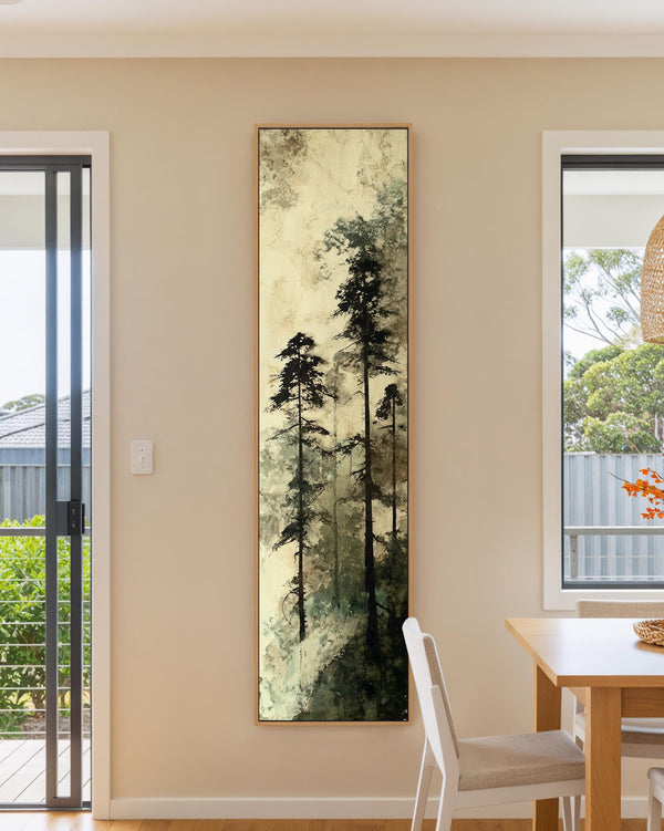 Vertical canvas wall art in interior setting.