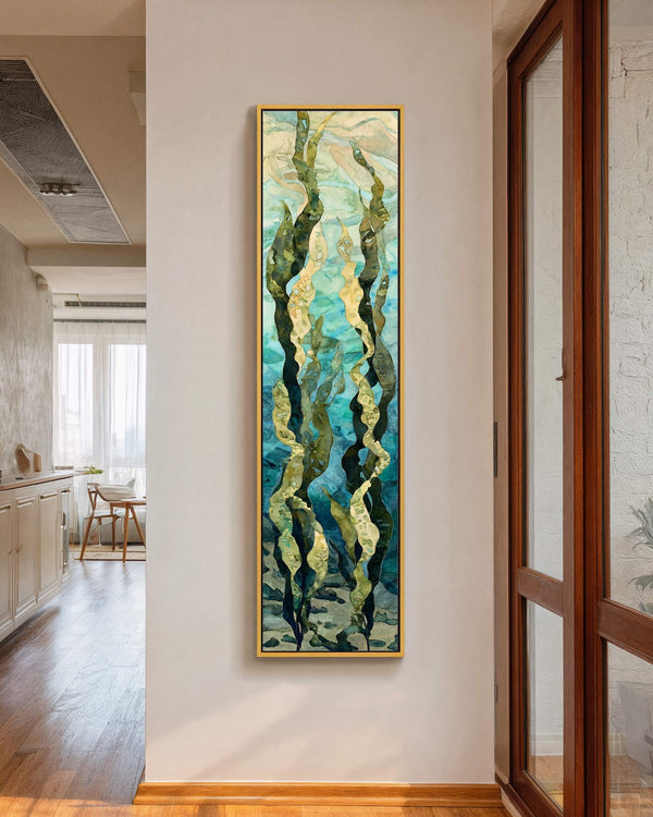 Vertical canvas wall art in interior setting.