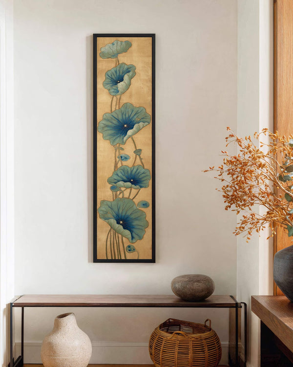 Vertical canvas wall art in interior setting.