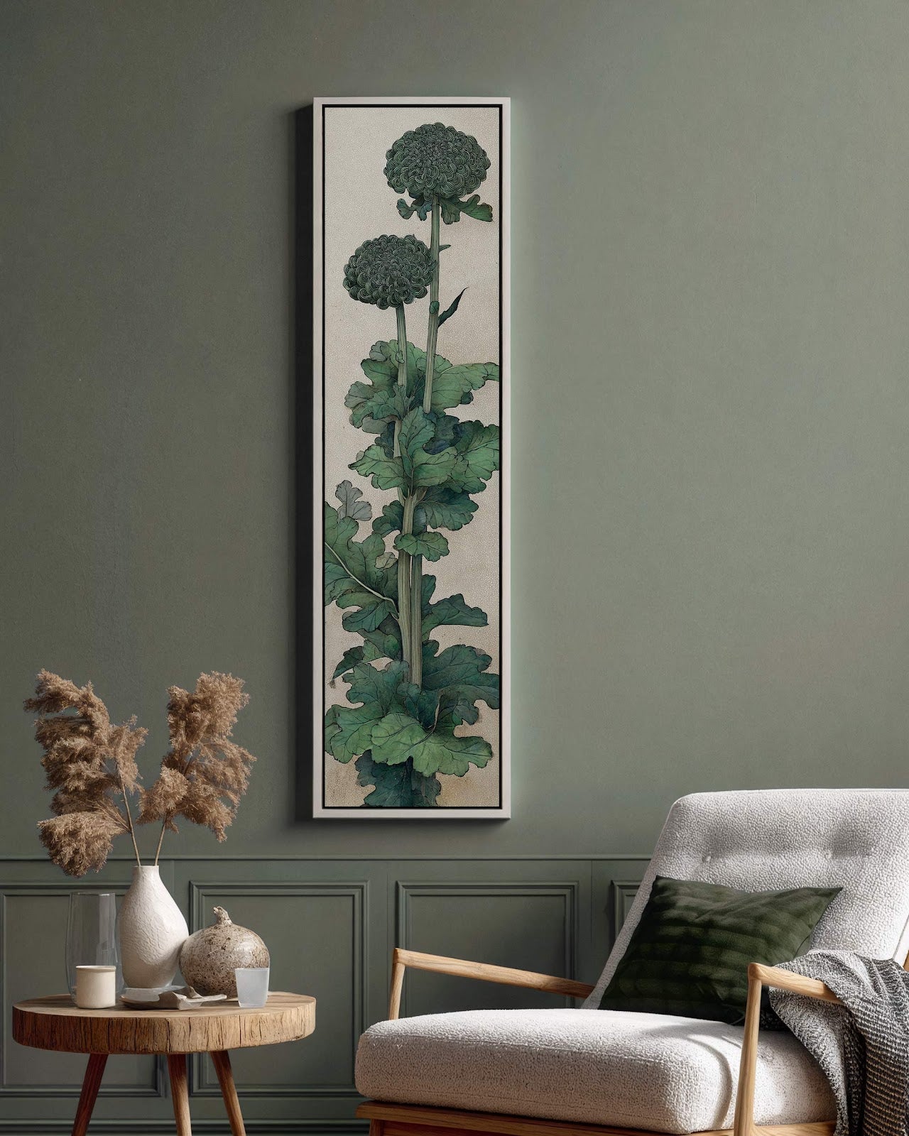 Vertical canvas wall art in interior setting.
