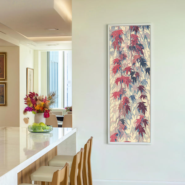 Vertical canvas wall art in interior setting.