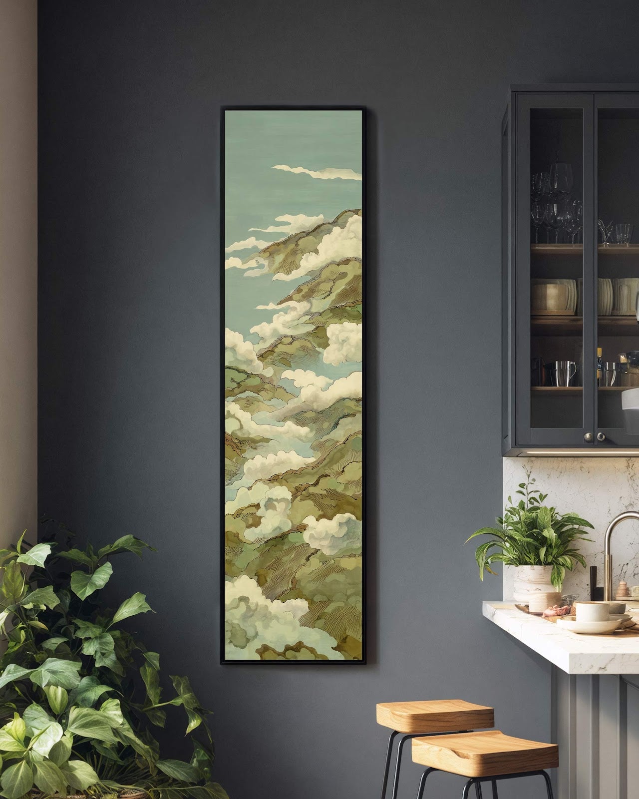 Vertical canvas wall art in interior setting.
