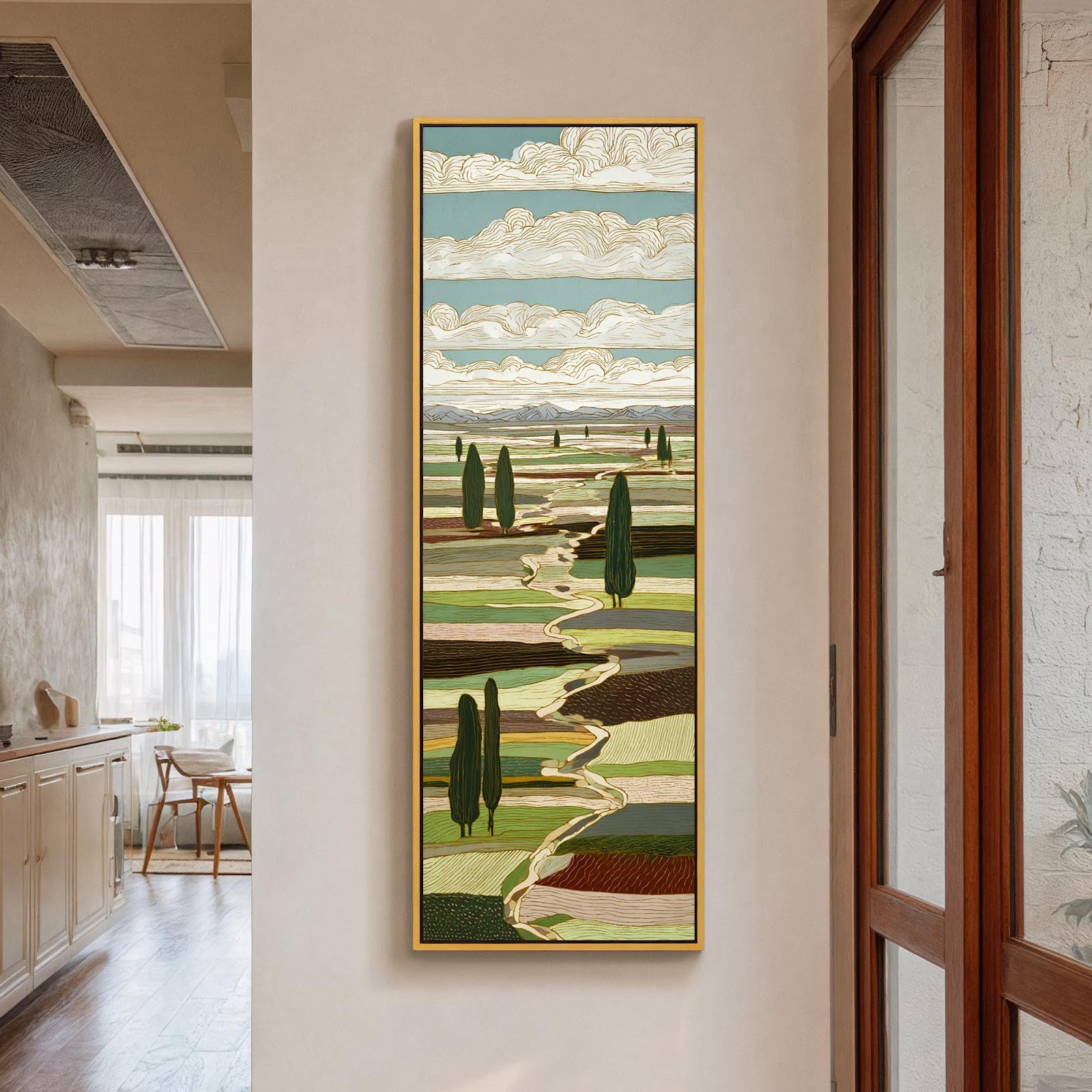 Vertical canvas wall art in interior setting.