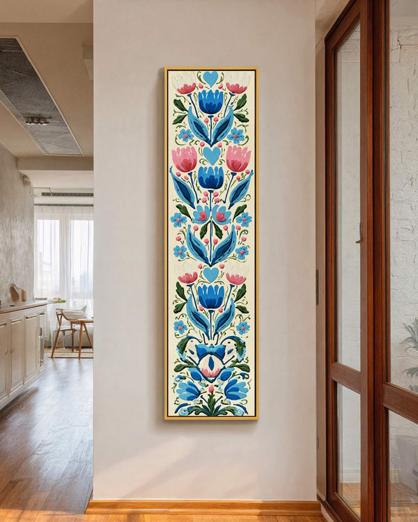 Vertical canvas wall art in interior setting.