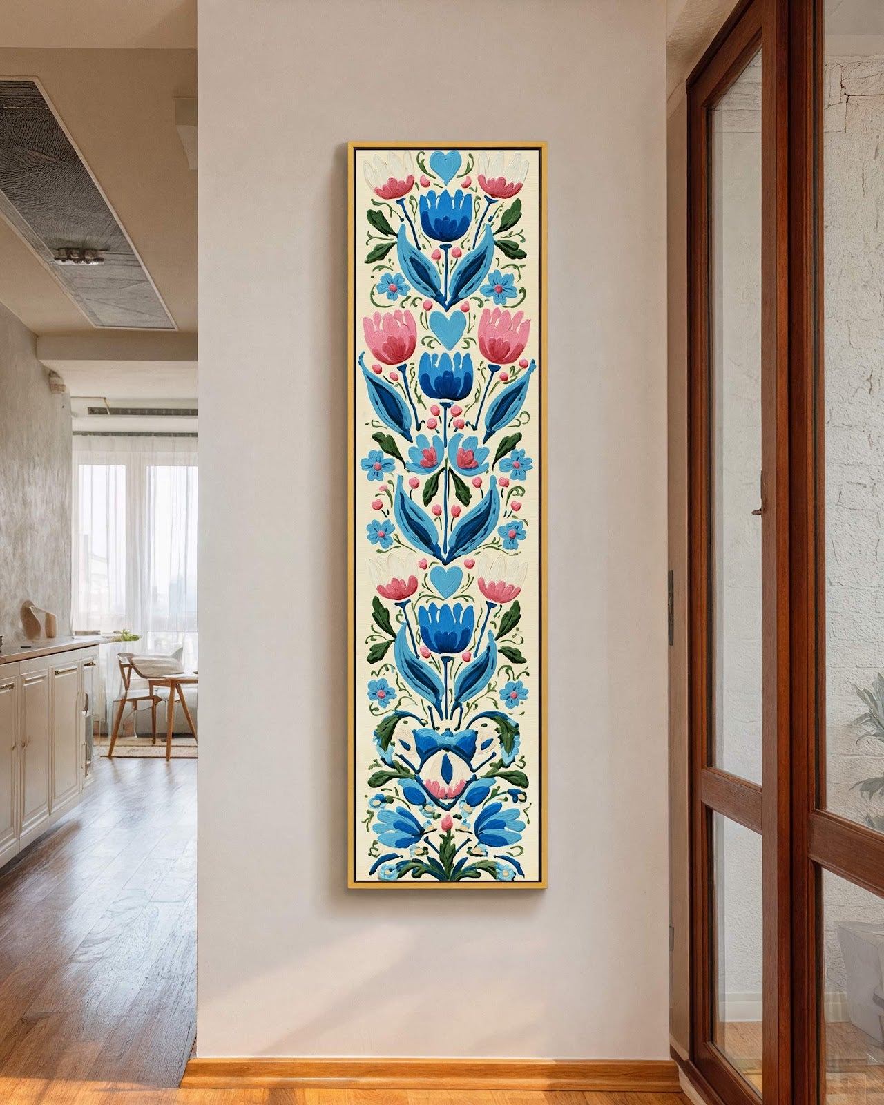 Vertical canvas wall art in interior setting.